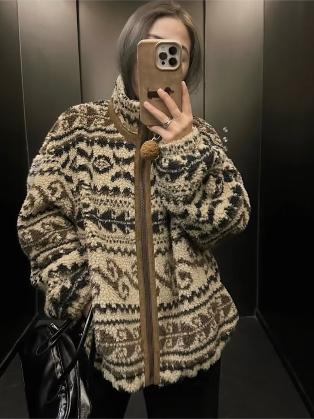 Cozy Patterned Sherpa Jacket in Brown & Cream - Picture 3 of 9